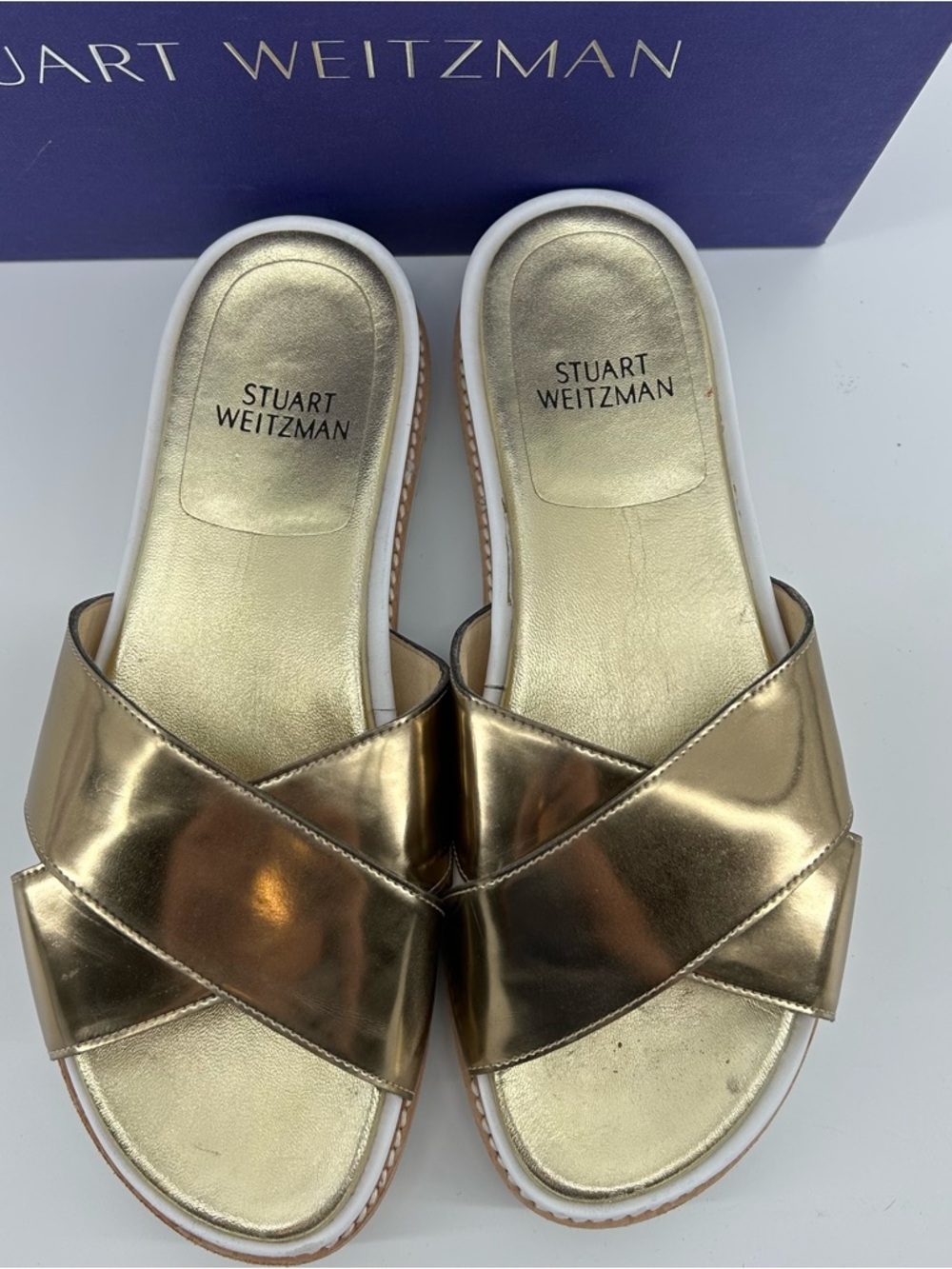 Stuart Weitzman Metallic Gold Crisscross Slide Mules - Picture 3 of 7